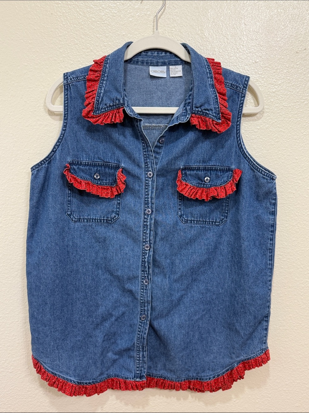 Cherokee Denim Sleeveless Button-Front Shirt with Red Ruffle Trim Size Large